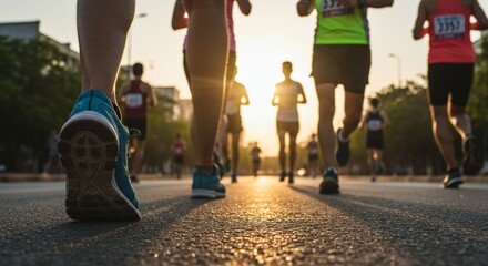 A group of people running in a marathon. Suitable for sports events and fitness-related content