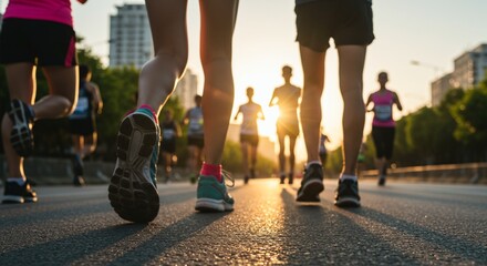 A group of people running in a marathon. Suitable for sports events and fitness-related content