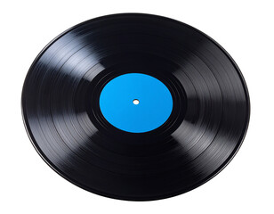 Obraz premium Angled View of Classic Black Vinyl Record with Matte Blue Label, Transparent PNG