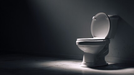 A stark image of a white toilet under dramatic lighting, evoking themes of sanitation, privacy, and essential interior fixtures in a minimalist style.