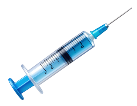 3D Realistic Medical Syringe with Transparent Barrel and Blue Plunger, PNG