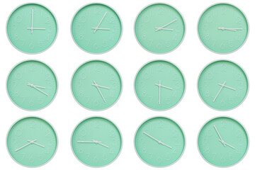 Collection of mint green wall clocks with white numbers and hands, each showing a different time 03:00 to 03:55 or 15:00 to 15:55. Perfect for concepts related to time, routine