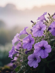 Close-up of deep purple petunias adorned with dew drops across textured petals. Natural vein patterns stand out, while the blurred background