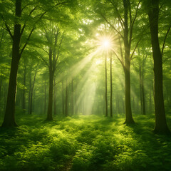 Fototapeta premium Sunbeams streaming through a lush green forest with vibrant light rays