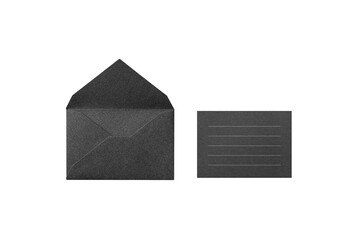 An overhead view of a black lamé envelope with a black card featuring ruled lines cutout.