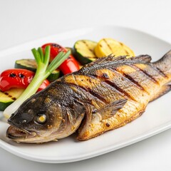 image of grilled fish on a white plate with a white background
