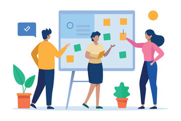 Team Brainstorming Session: Diverse Colleagues Collaborate on Project Plan Using Sticky Notes and Whiteboard.