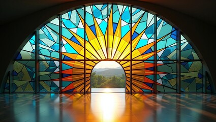 Hope and renewal symbolized by a radiant sun stained glass window with colorful geometric patterns and morning sunlight