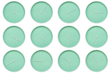 Collection of mint green wall clocks with white numbers and hands, each showing a different time 04:00 to 04:55 or 16:00 to 16:55. Perfect for concepts related to time, routine
