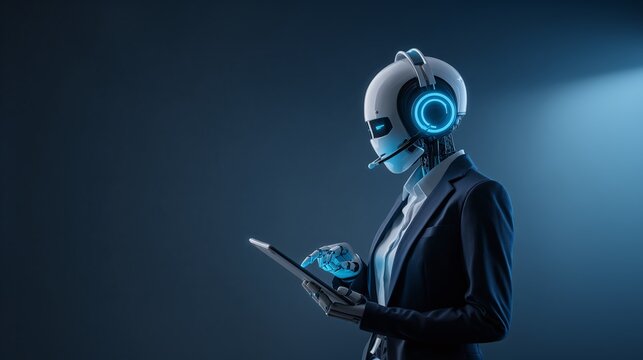 AI Customer Service: Futuristic robot in business attire uses a tablet, wearing a headset, ready to assist, embodying the future of customer service.