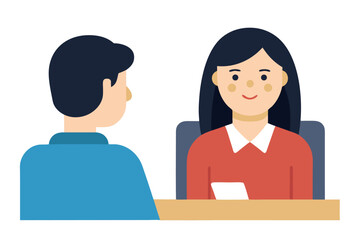 Fototapeta premium Flat design illustration: Young woman in red shirt listens attentively during a job interview.