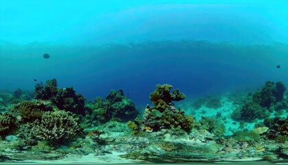 Fototapeta premium Panoramic underwater view of coral reef with ocean surface visible