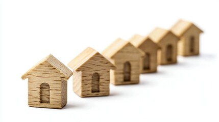 A row of five wooden dog houses lined up against a white background.