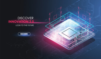 A stylized modern digital illustration featuring a central circuit board design against a dark abstract background