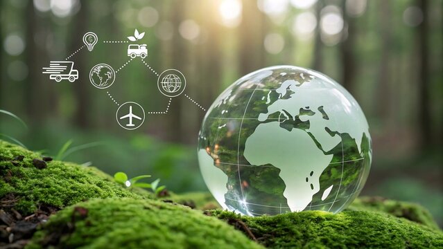 A glass globe sits amidst moss, symbolizing environmental sustainability with connected icons. - Powered by Adobe
