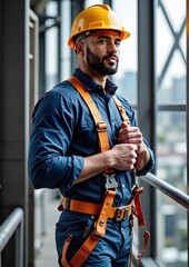 Hispanic male construction worker wearing safety gear at a building site