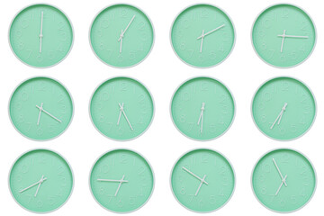 Collection of mint green wall clocks with white numbers and hands, each showing a different time...