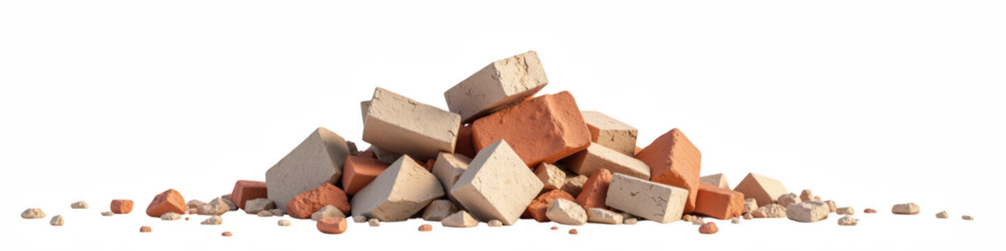 Piled bricks in various colors and textures create visually interesting composition, showcasing raw materials used in construction