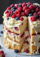 Three-layer vanilla cake with mixed berries and white chocolate icing