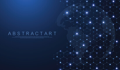 Abstract globe illustration with a hexagonal network overlay on a dark blue background