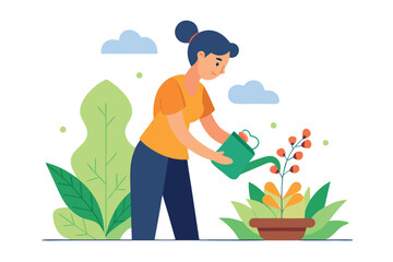 Happy Woman Watering Potted Plant: Flat Style Illustration, Spring Gardening Concept