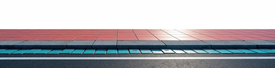 Vibrant urban sidewalk features red and blue tiles, creating striking visual contrast. clean lines...