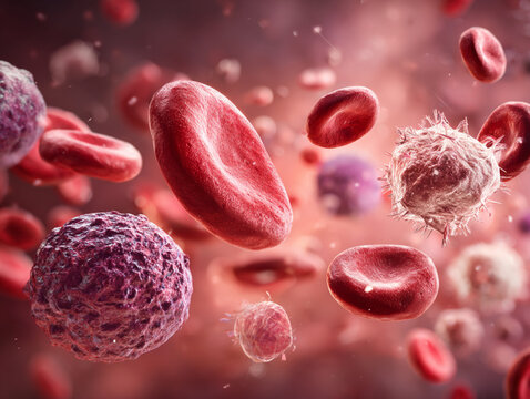 Stylized 3D view inside a blood vessel with red cells and platelets rushing forward, motion blur adds speed effect.