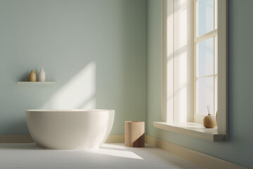 Fototapeta premium A serene minimalist bathroom featuring soft pastel tones, clean lines, and an ultrabright atmosphere. 