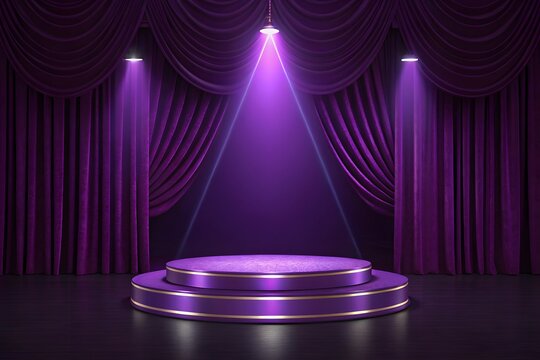 Luxurious purple stage podium with dramatic spotlights and velvet curtains