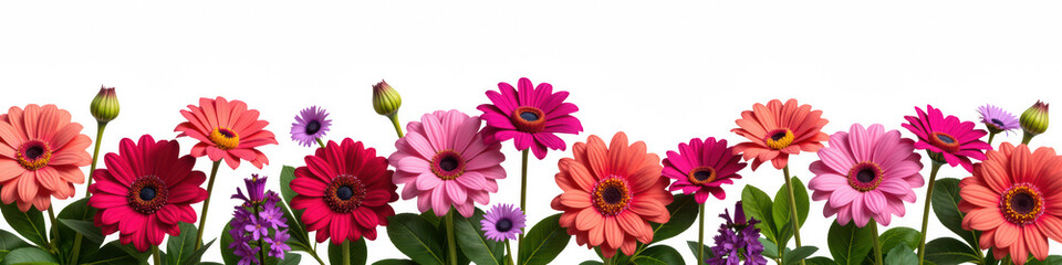 Vibrant flowers various colors, including pink, red, and purple, arranged beautifully with green leaves, creating cheerful and lively atmosphere