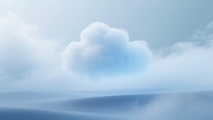 A large, fluffy cloud drifts lazily in a blue sky, surrounded by soft mist. The landscape below features rolling hills, creating a peaceful and calming natural setting