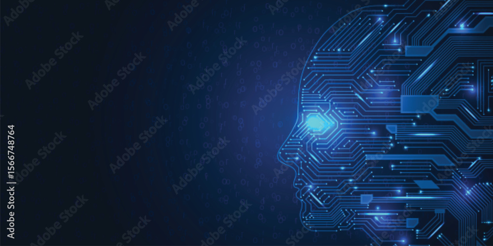 Poster Blue digital face silhouette with glowing eye and circuit board patterns dark background with subtle binary code