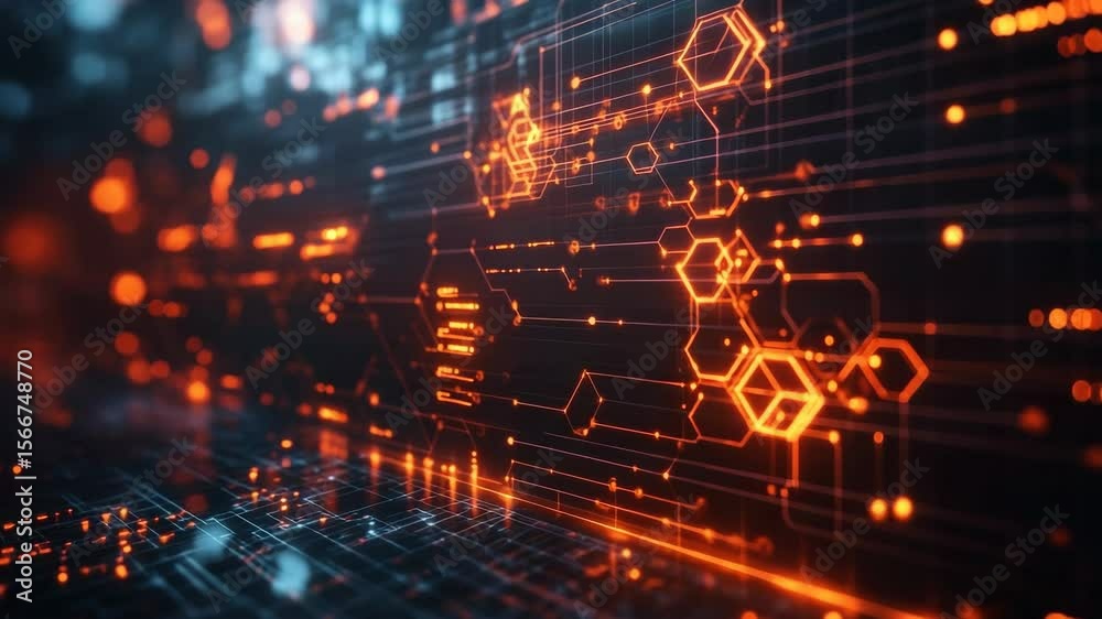 Poster futuristic digital data visualization with glowing circuit elements