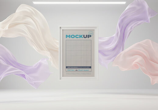 Vertical Frame Image Poster Mockup with Silk Fabric Floating