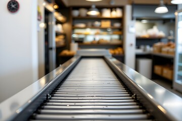 Bakery Conveyor Belt: Focus on a gleaming, industrial-style conveyor belt, leading the eye into a blurred backdrop of a bustling bakery, filled with the tantalizing promise of fresh goods