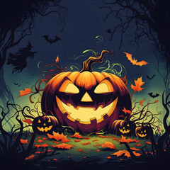 Fototapeta premium Spooky Halloween Pumpkins in Dark Forest with Bats