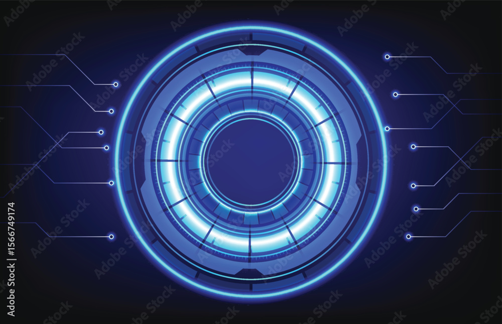 Poster blue glowing tech circle with circuitlike lines and connecting nodes on a dark background