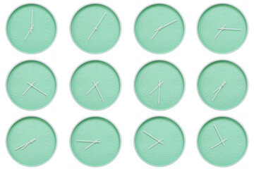 Collection of mint green wall clocks with white numbers and hands, each showing a different time 07:00 to 07:55 or 19:00 to 19:55. Perfect for concepts related to time, routine