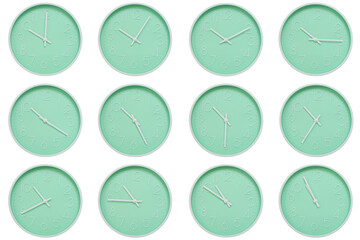 Collection of mint green wall clocks with white numbers and hands, each showing a different time 10:00 to 10:55 or 22:00 to 22:55. Perfect for concepts related to time, routine
