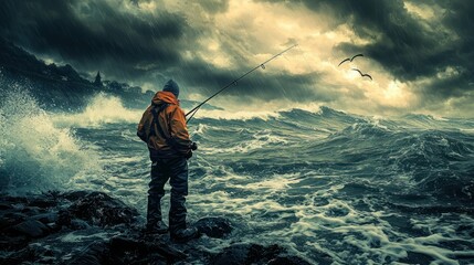 A man in a yellow jacket fishing in a stormy sea with waves crashing around him.