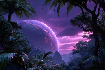 Vibrant landscape with a purple sky and large planet above a lush jungle at twilight