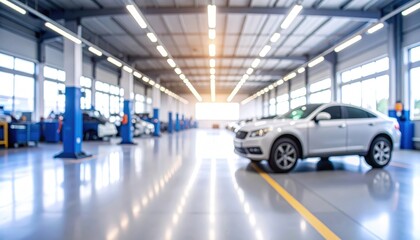 Blurred image A modern car repair shop interior, spacious, bright