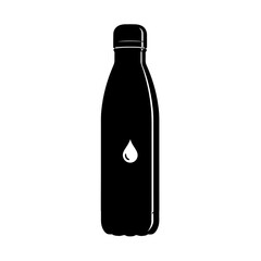 A black reusable water bottle with a water drop isolated on white background