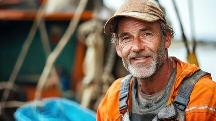A man in an orange jacket standing on a boat, smiling and looking at the camera.