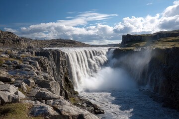 Wide waterfall plunges from rocky cliffs into a turbulent river beneath a partly cloudy sky