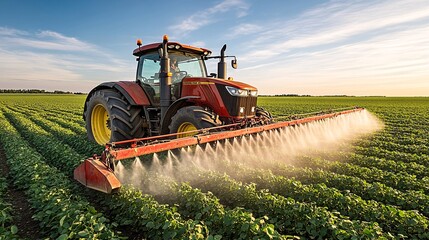 red tractor spraying crops in sustainable farming field at sunset