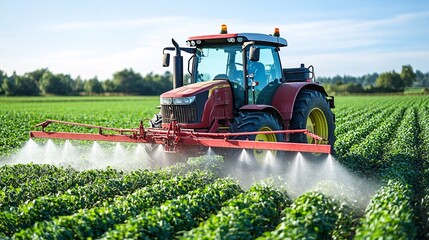 Fototapeta premium modern red tracked tractor spraying crops in green field for agriculture and farming landscape