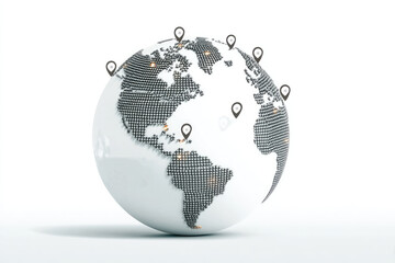 Digital globe white background floating location pin world map modern technology global network minimalistic connection. digital globe with location pins white background representing global