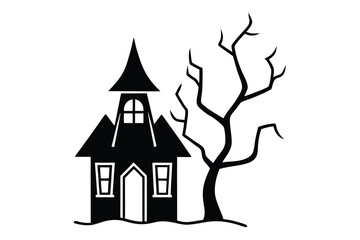 Scary Halloween House Silhouette Vector for Haunted Mansion Design and Creepy Party Decorations