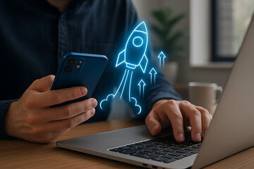 User with smartphone and laptop showing a glowing rocket and upward arrows indicating enhanced productivity accelerated progress and seamless digital integration for work tasks